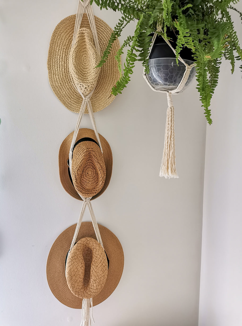 macrame Triple hat hanger, bohemian homeware, coastal wall decor, hats storage