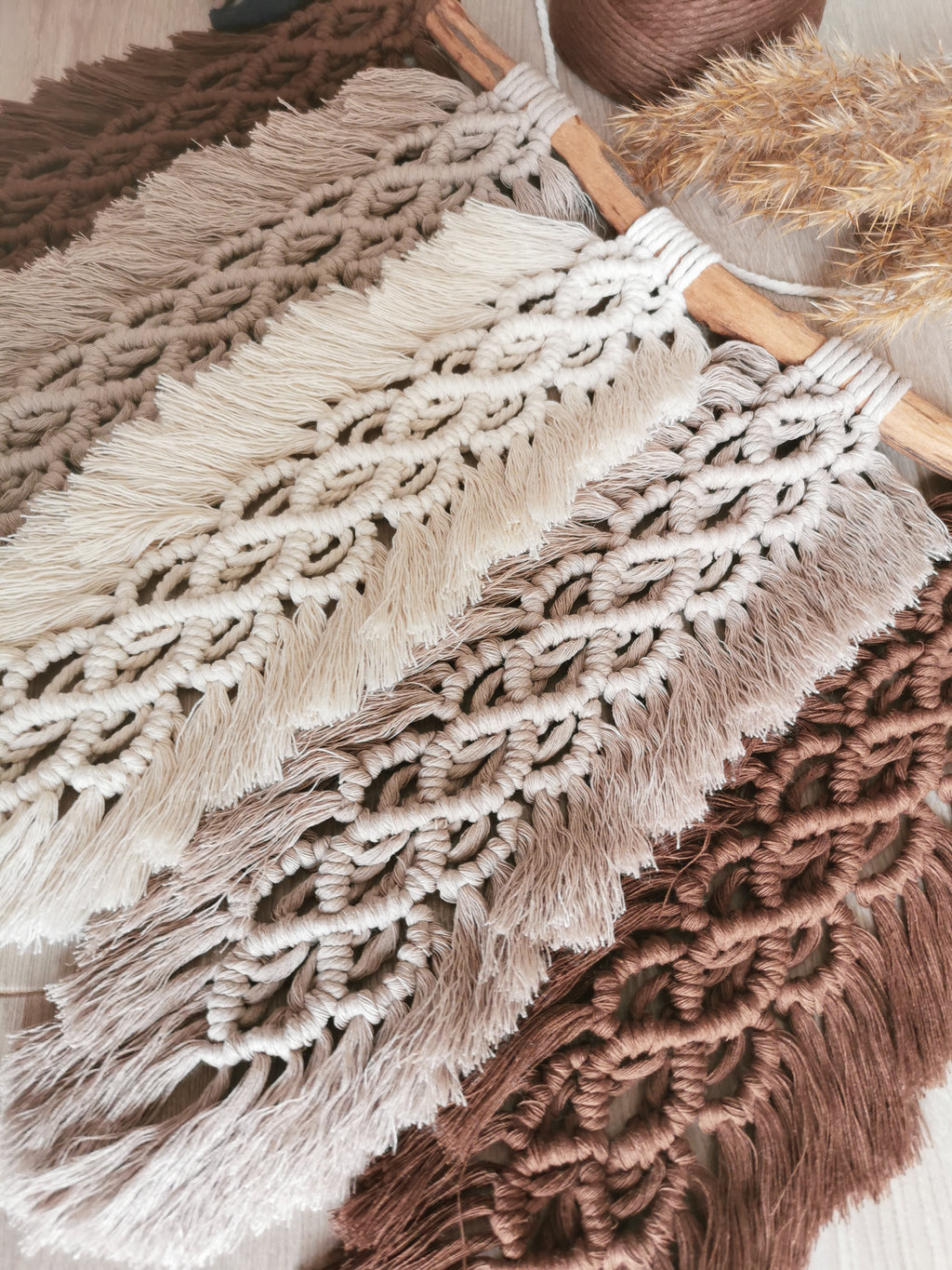 macrame feathers wall hanging, bohemian wall decor, natural and brosn colour