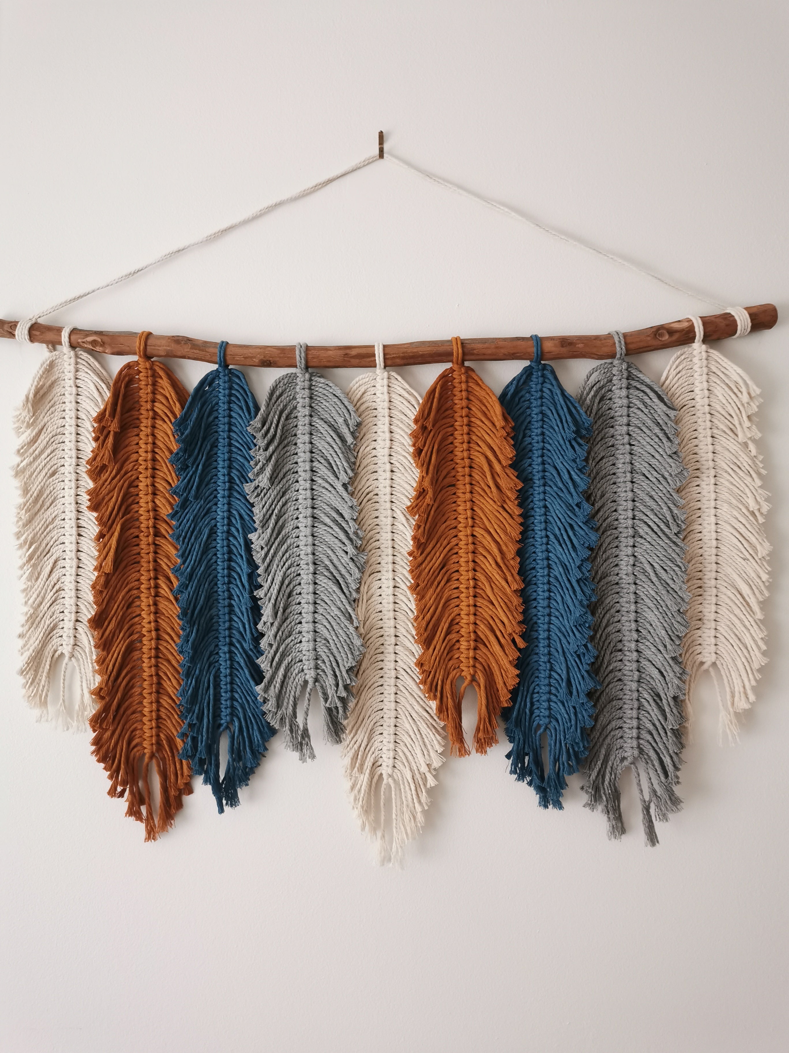 large feathers wall hanging, macrame leaves wall decor in rust, blue colours