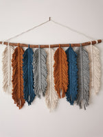 Load image into Gallery viewer, large feathers wall hanging, macrame leaves wall decor in rust, blue colours
