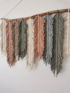 large macrame feathers wall hanging, bohemian honeware in earth colours sage
